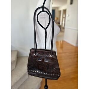 Vintage 90s Western Brown Tooled Leather Studded Suede Star Shoulder Bag